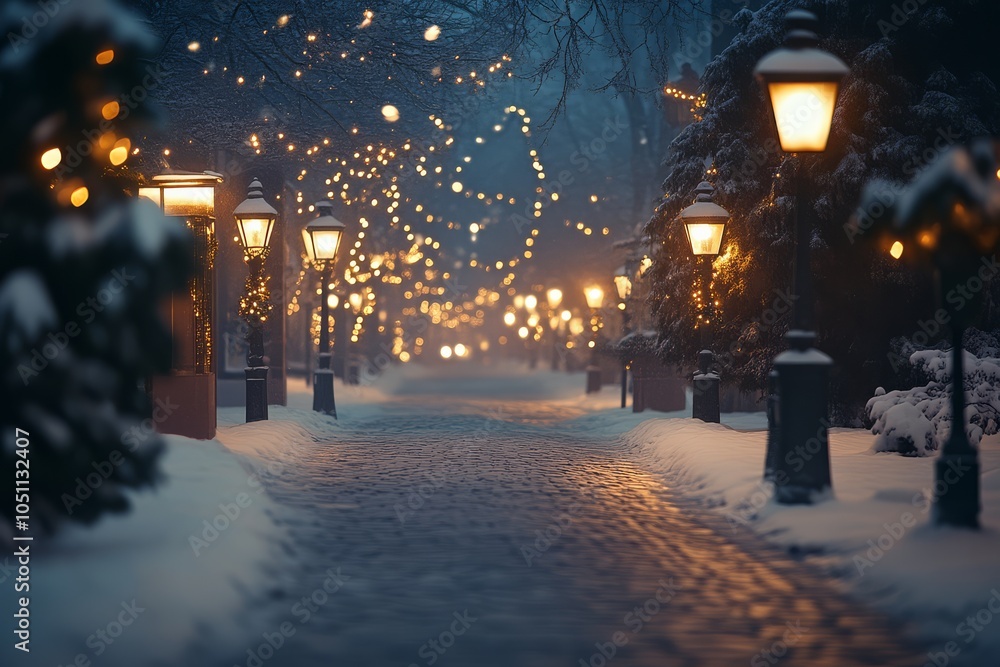 Snowy Street at Night with String Lights. Snowy Street at Night with String Lights.