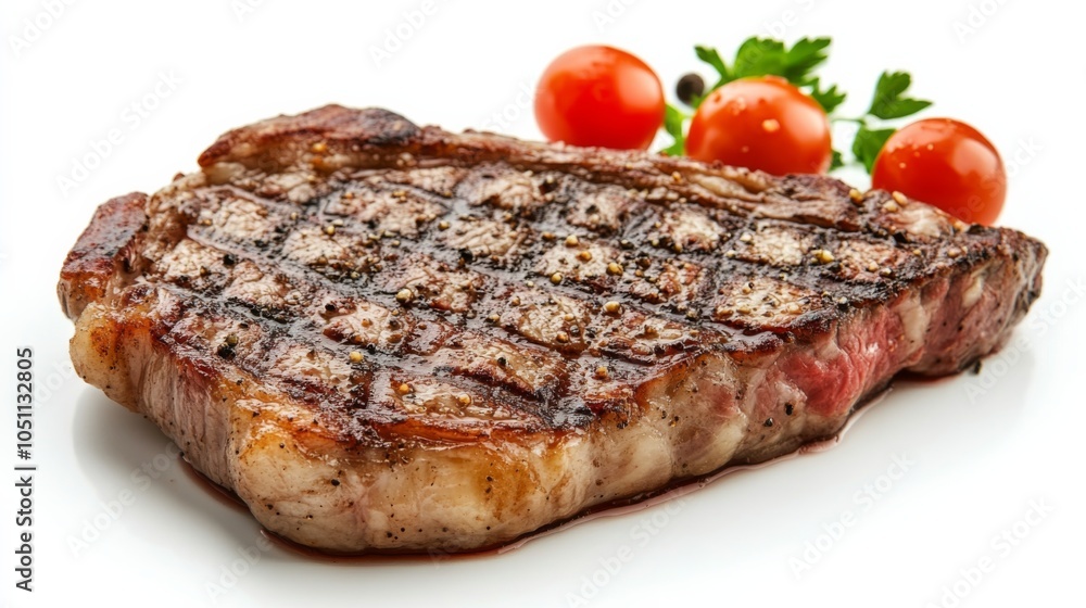 Juicy Steak on White Background with Fresh Tomatoes Juicy Steak on White Background with Fresh Tomatoes