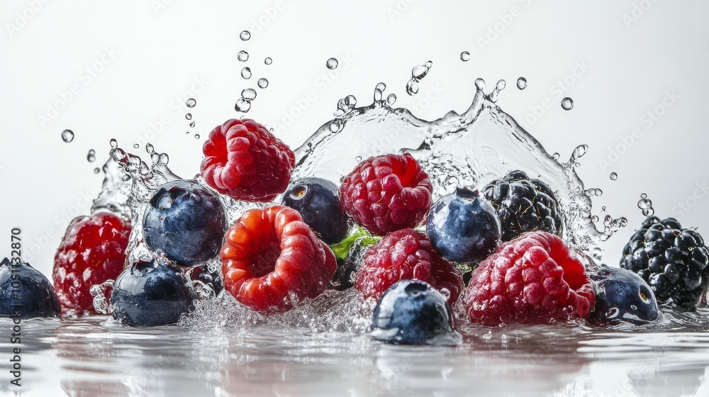 Fototapeta premium 2410 63.A vibrant set of mixed berries, such as blackberries, raspberries, and blueberries, captured with water splashing around them, creating a lively scene of freshness and juiciness against a