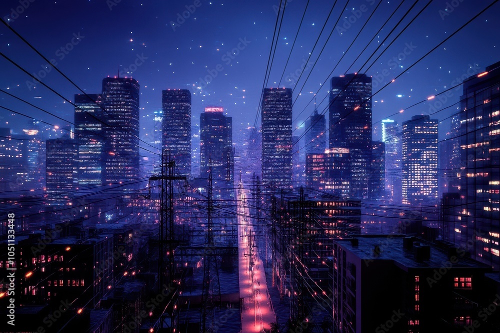 A cityscape with a street lit up in the night A cityscape with a street lit up in the night