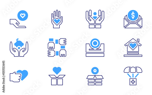 Charity icon set. Bold line style. Duotone colors. Editable stroke. heart, baby, subsidy, charity, selfcare, care, share, awareness day, donation, poverty