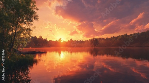 Wallpaper Mural A peaceful river with reflections of trees and a sunset sky, the colors deepening as nightfall approaches. Torontodigital.ca