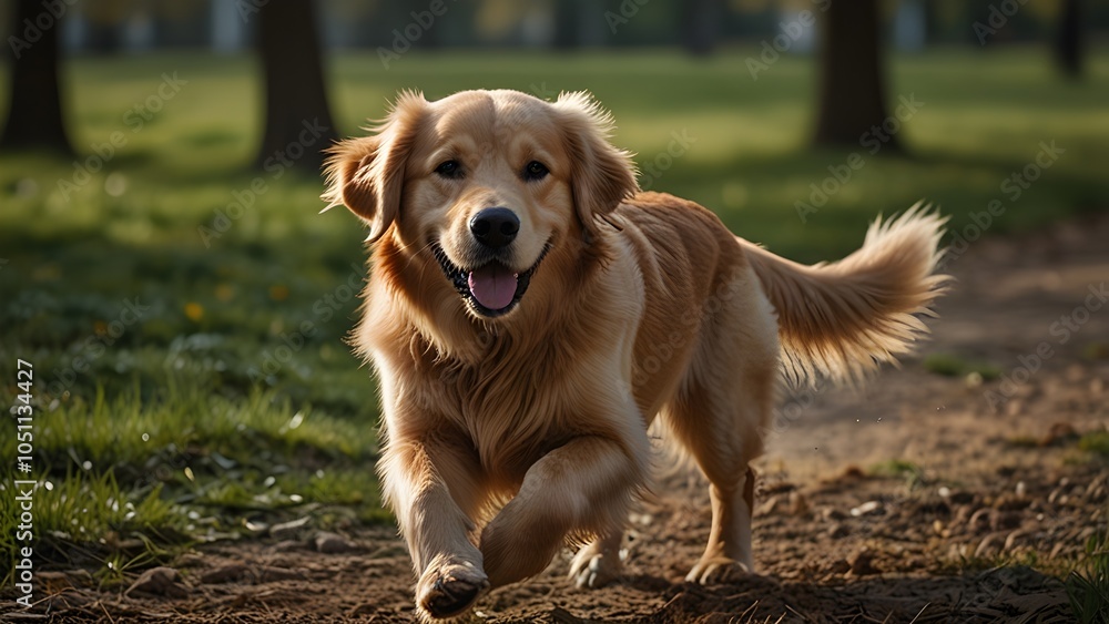 Golden Retriever playing and running in the green park. Dog with tail up, tongue is out, happy dog. Golden Retriever playing and running in the green park. Dog with tail up, tongue is out, happy dog.
