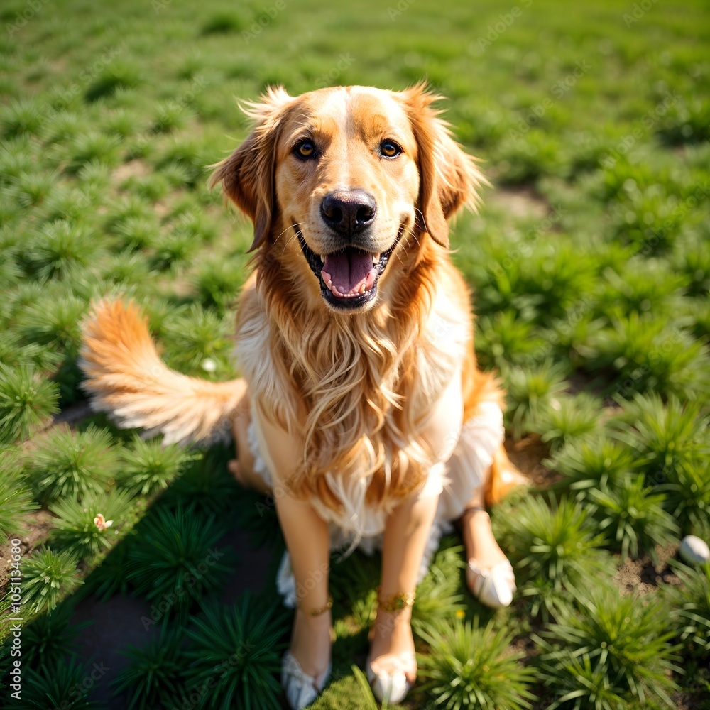 Golden Retriever outside on the green field looking up straight to the camera. Happy friendly pet. Golden Retriever outside on the green field looking up straight to the camera. Happy friendly pet.