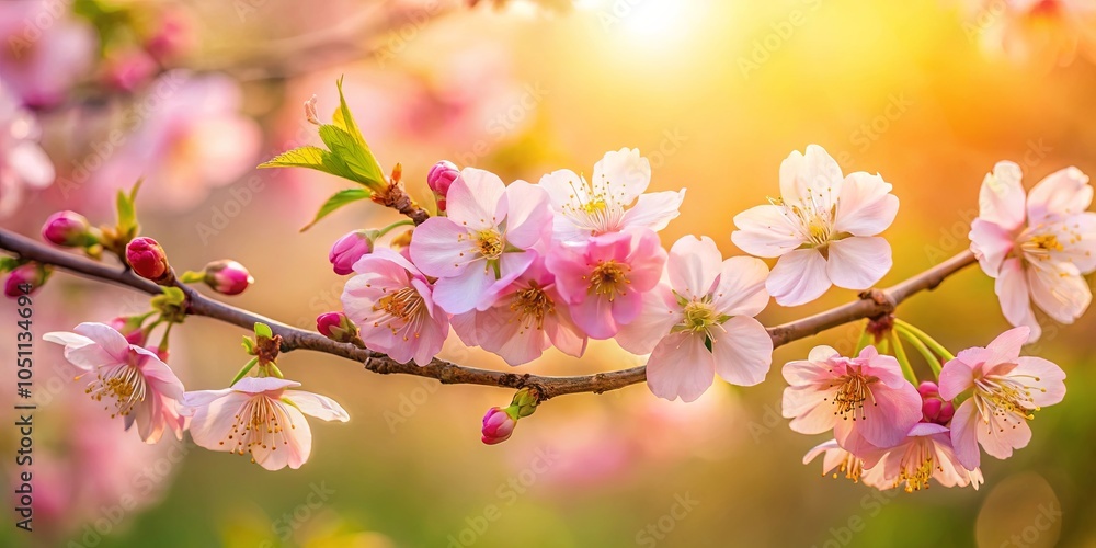 Obraz premium Delicate pink blossoms with soft yellow centers gracefully open against a warm, golden sunset backdrop, showcasing the beauty of nature's awakening.