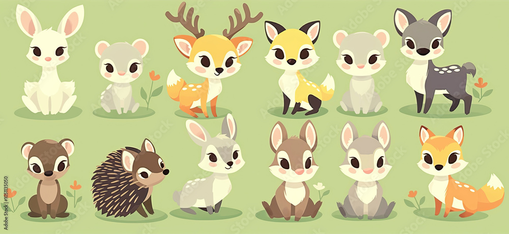 Illustrations of small animals in the forest, including deer, foxes, and rabbits Illustrations of small animals in the forest, including deer, foxes, and rabbits