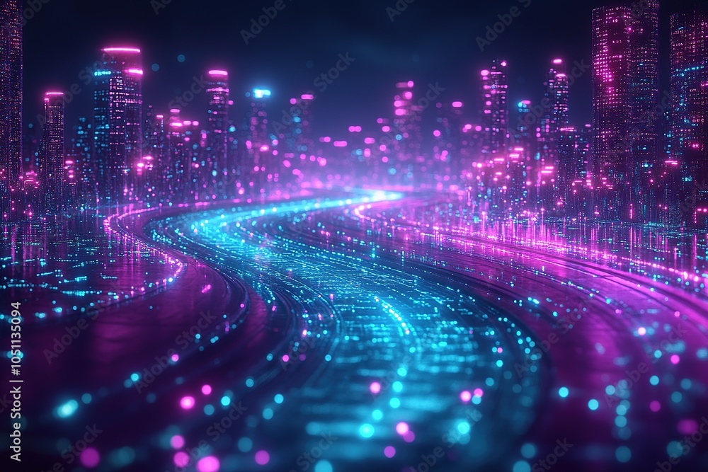 Obraz premium A futuristic city skyline with a glowing blue and purple road leading into the distance.