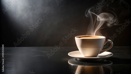 A Single Cup of Steaming Coffee on a Sleek Black Surface with a Dramatic Light Source