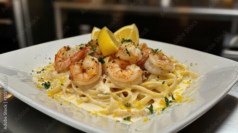 A plate of capellini pasta topped with a light lemon sauce and shrimp, garnished with fresh parsley and lemon zest. A plate of capellini pasta topped with a light lemon sauce and shrimp, garnished with fresh parsley and lemon zest.