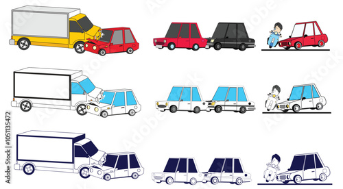 Car Crash Illustrations:  A set of nine diverse cartoon illustrations depicting various car accidents, showcasing different collision scenarios with cars and trucks. Perfect for safety manuals.