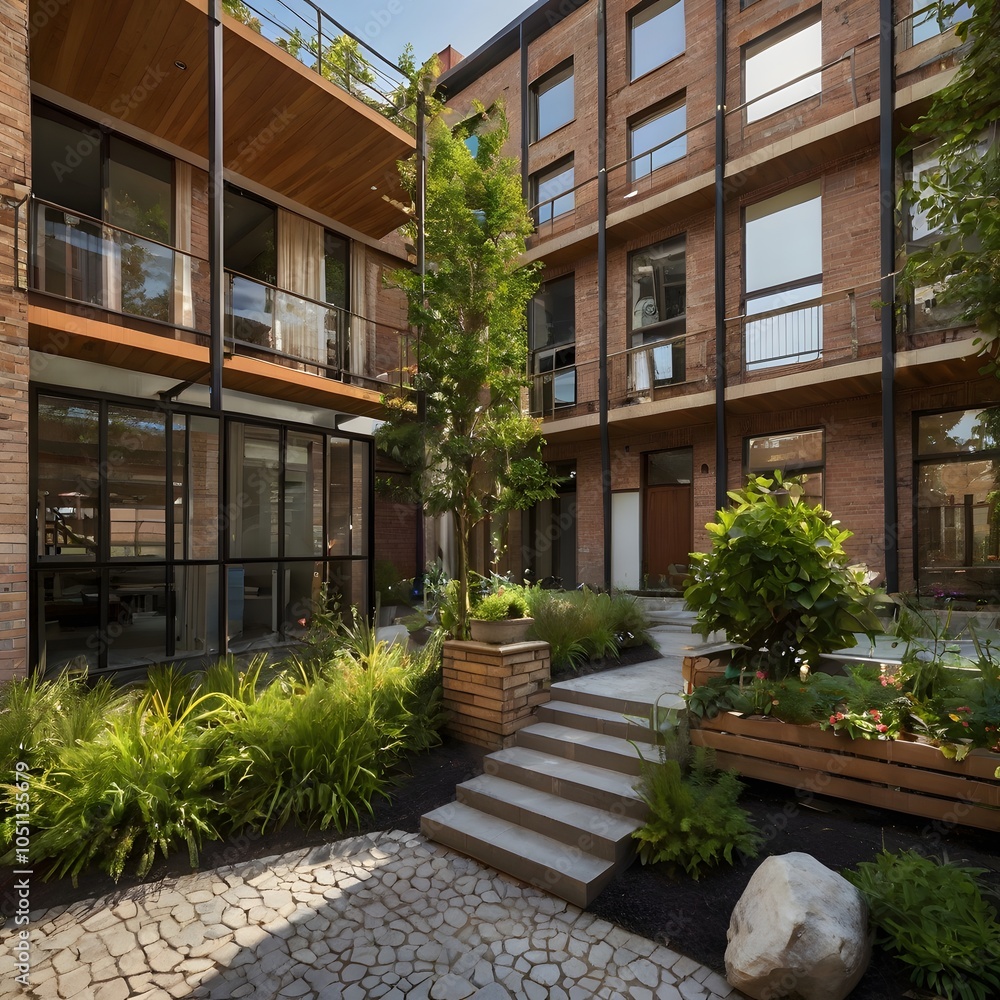 Obraz premium A modern, minimalist courtyard garden with brick buildings and lush greenery.