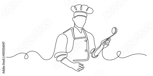 Chef in one continuous line drawing. Cook in uniform working in kitchen in simple linear style. Symbol of food and restaurant in editable stroke. Doodle oneline vector illustration