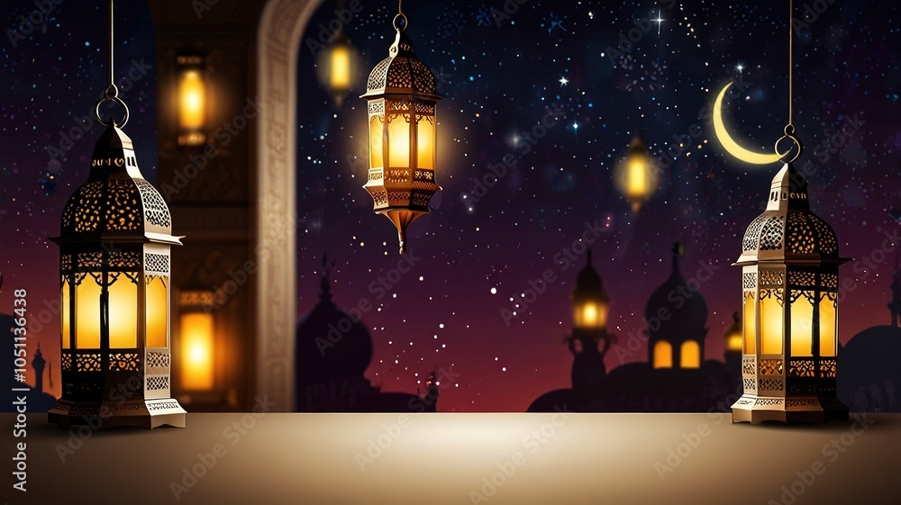 Obraz premium Background design with ramadan theme, with illustrations lanterns