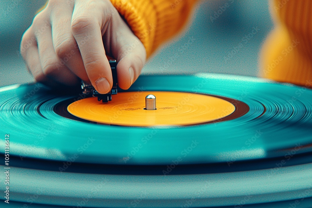 Obraz premium Closeup of Hand Lowering Needle onto Vinyl Record.