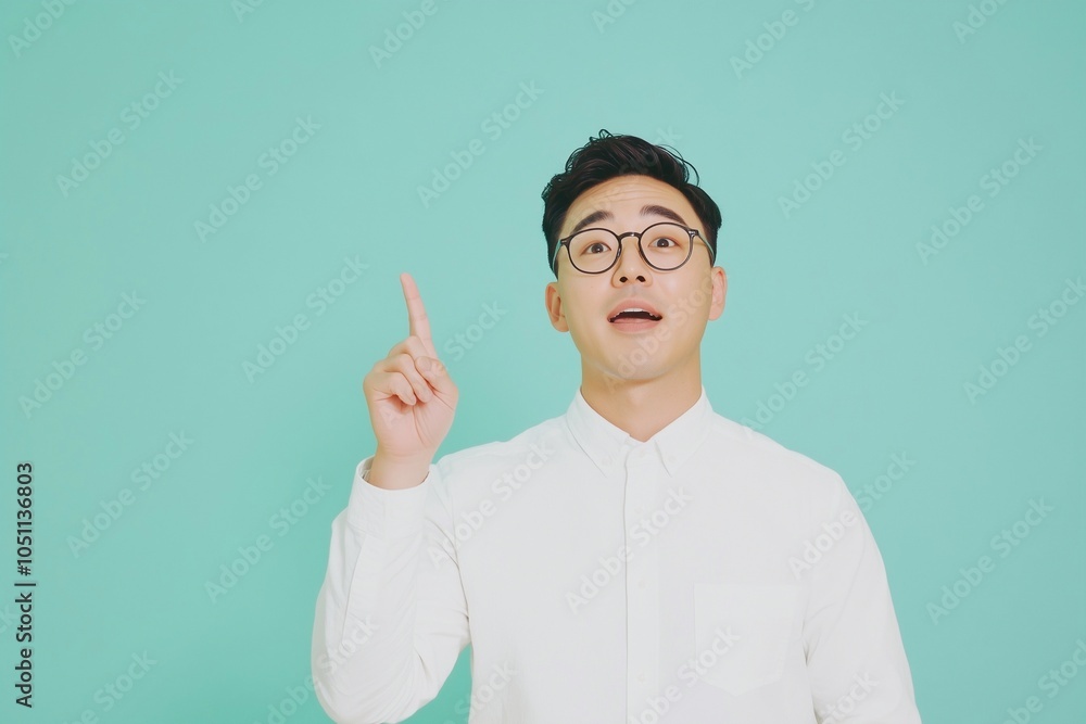 Happy young Korean businessman or college student standing isolated on blue background presenting promotion ads. Smiling man looking upward pointing up at copy space, having new idea. Happy young Korean businessman or college student standing isolated on blue background presenting promotion ads. Smiling man looking upward pointing up at copy space, having new idea.