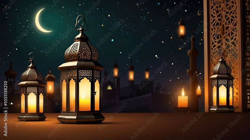 Obraz premium Background design with ramadan theme, with illustrations lanterns