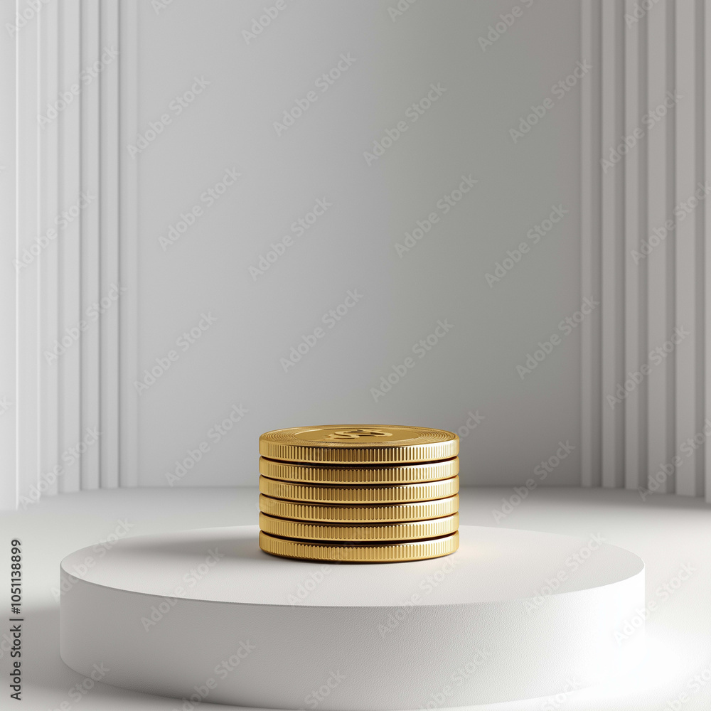 stack of shiny gold coins is displayed on minimalist pedestal, creating striking visual against clean, modern background. crisp edges and smooth surfaces highlight coins details, evoking sense of stack of shiny gold coins is displayed on minimalist pedestal, creating striking visual against clean, modern background. crisp edges and smooth surfaces highlight coins details, evoking sense of