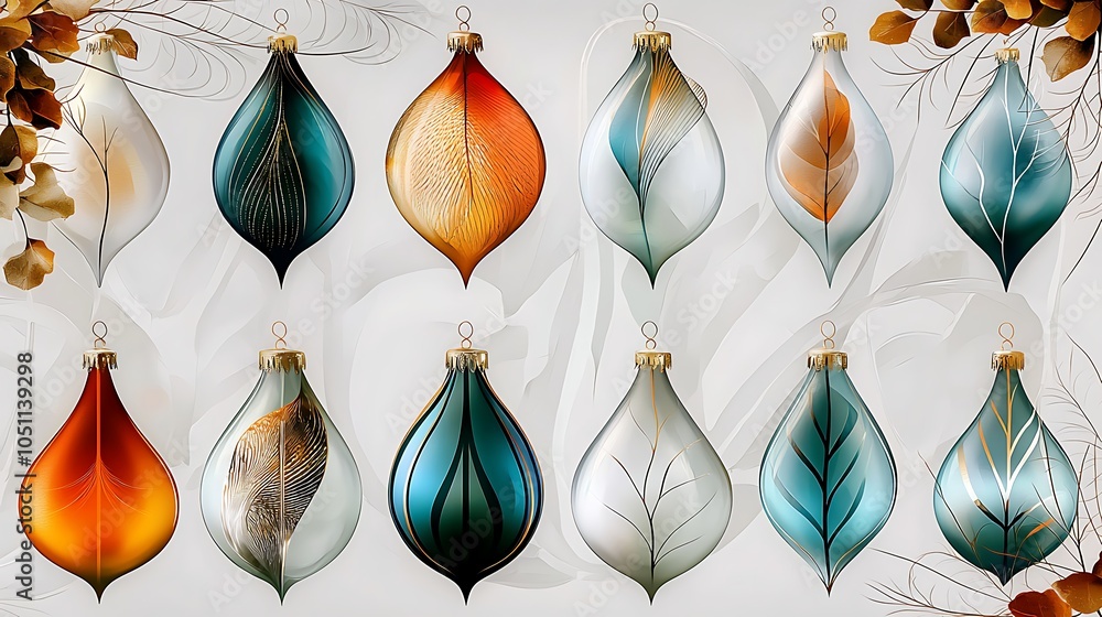 Fototapeta premium Abstract Christmas Ornaments with Gold Leaf and Feather Designs