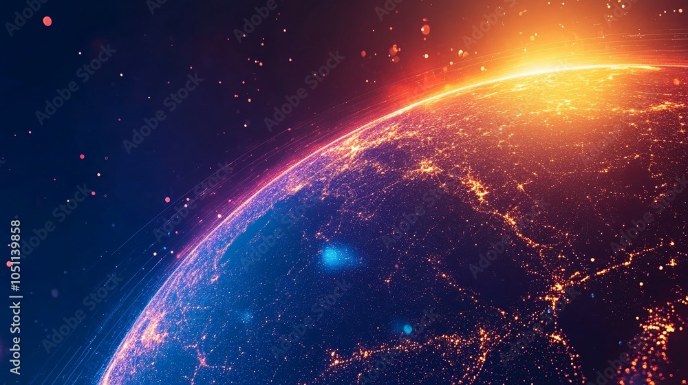 Obraz premium Earth from Space with Glowing Cities and Starry Sky