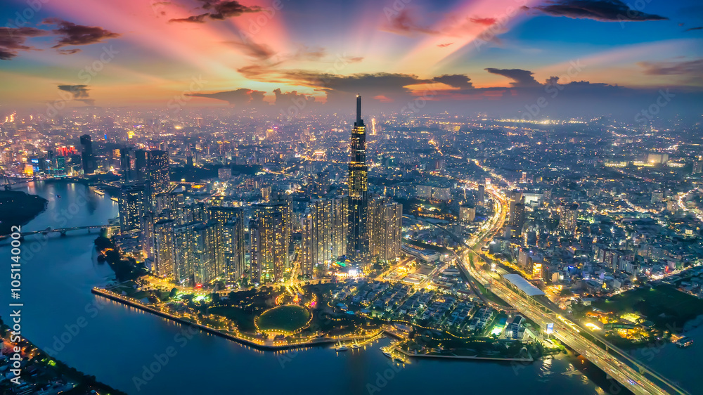 Fototapeta premium Panoramic of Ho Chi Minh city or Saigon city at sunset in Vietnam.