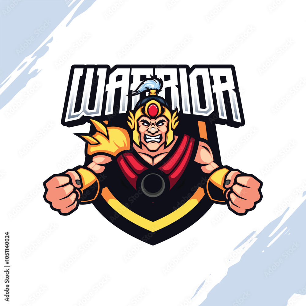 Golden Helmet and Red Vest Armor Warrior Vector Mascot Logo Golden Helmet and Red Vest Armor Warrior Vector Mascot Logo