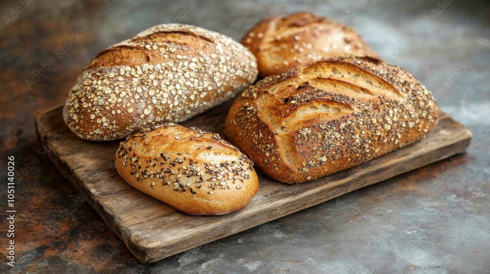Rustic Bread Variety with Grains and Seeds on Wooden Board Rustic Bread Variety with Grains and Seeds on Wooden Board