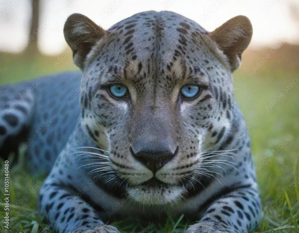 Naklejka premium blue jaguar with blue eyes is in the grass.