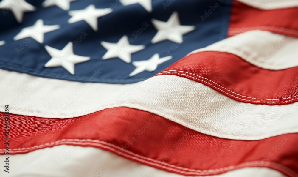 Close-up of the American flag, showing red and white stripes and blue field with stars. Close-up of the American flag, showing red and white stripes and blue field with stars.