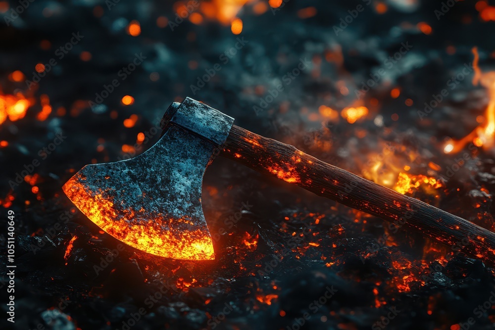 Fototapeta premium A large, black and red axe is surrounded by a pile of burning wood