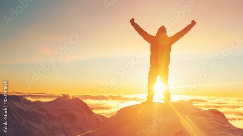 A man stands atop a mountain at sunrise, celebrating the dawn with outstretched arms, basking in the stunning golden light