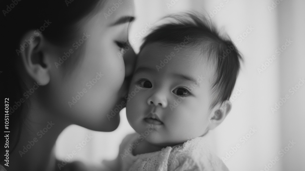 A mother shares a sweet kiss with her baby at home, highlighting a nurturing bond and a moment of love and joy together indoors A mother shares a sweet kiss with her baby at home, highlighting a nurturing bond and a moment of love and joy together indoors
