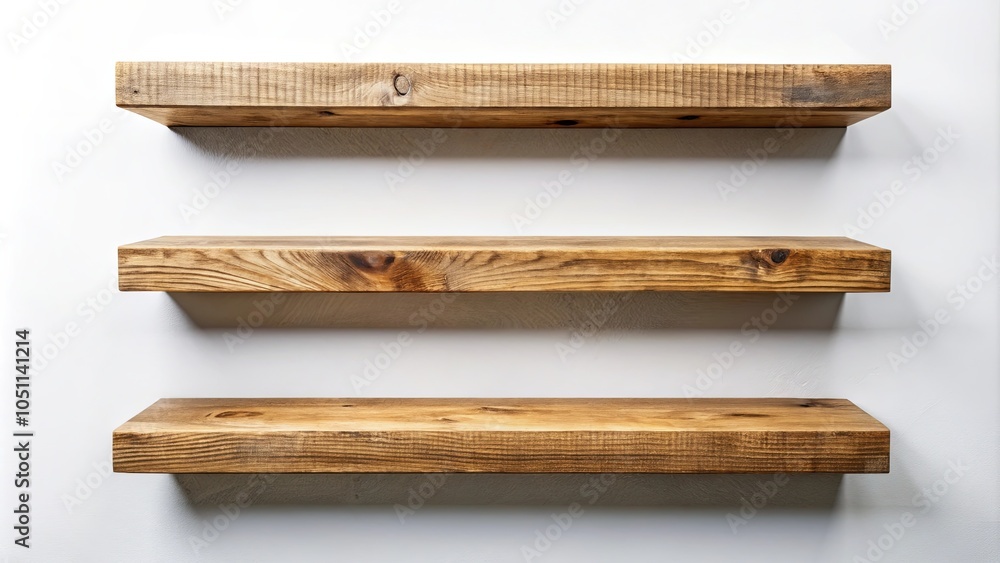 Rustic Wooden Shelves Set Against a Simple White Wall, Offering a Blank Canvas for Display