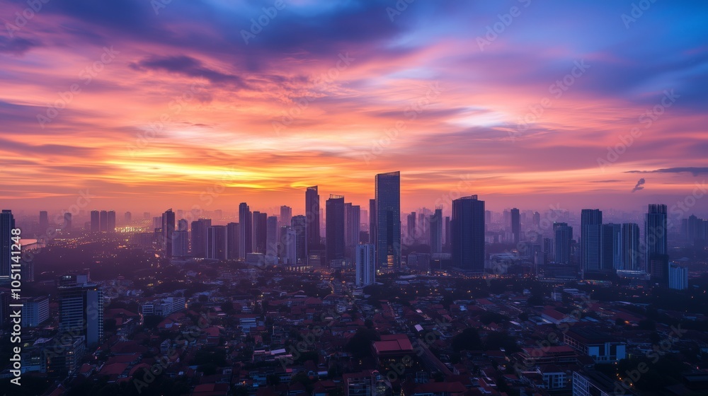 Fototapeta premium City skyline dawn silhouetted skyscrapers rising overlapping high-rise architecture. AI generated