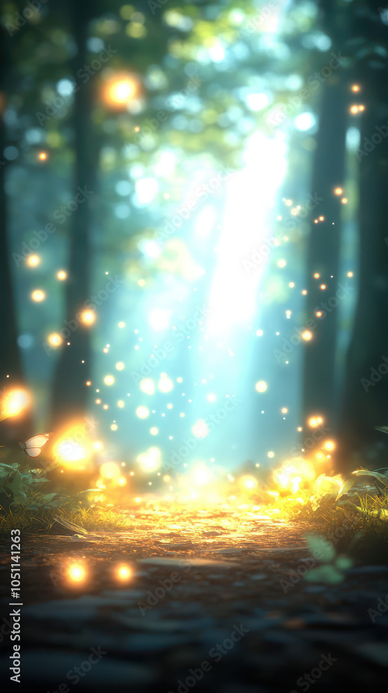 serene forest path illuminated by soft, glowing lights creates magical atmosphere. gentle rays of sunlight filter through trees, enhancing enchanting scene serene forest path illuminated by soft, glowing lights creates magical atmosphere. gentle rays of sunlight filter through trees, enhancing enchanting scene