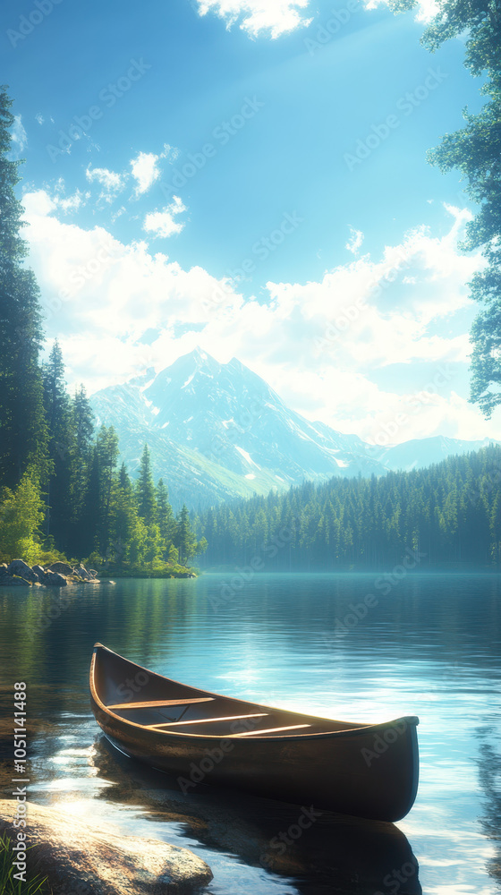 serene landscape featuring calm lake surrounded by lush green trees and majestic mountains in background. wooden canoe rests peacefully on water, reflecting beautiful sky serene landscape featuring calm lake surrounded by lush green trees and majestic mountains in background. wooden canoe rests peacefully on water, reflecting beautiful sky