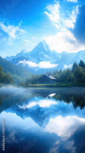 serene landscape featuring tranquil lake reflecting majestic mountains and cozy cabin surrounded by lush greenery. scene evokes sense of peace and natural beauty