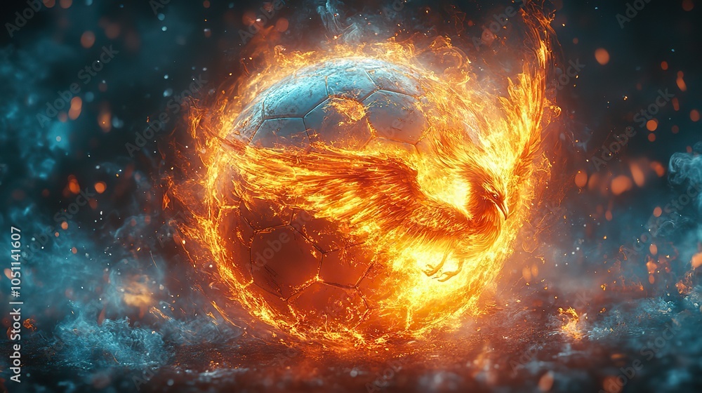 Obraz premium fiery phoenix bird decorates soccer ball on dark background, representing football championship excitement and sports betting.stock photo