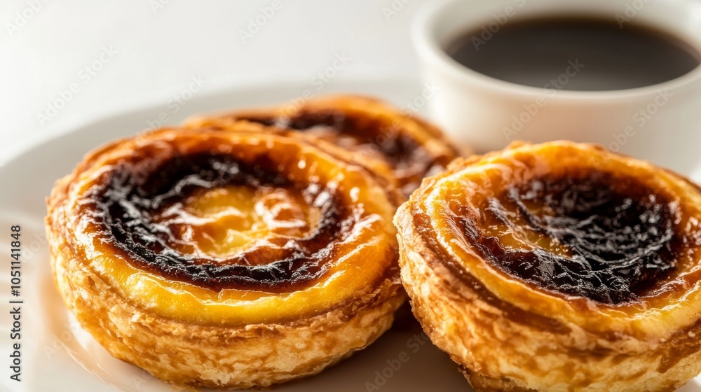 Pastel de Nata with Espresso Close-Up Shot Pastel de Nata with Espresso Close-Up Shot