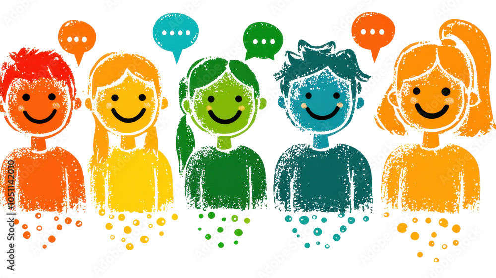 Fototapeta premium Cheerful cartoon illustration of diverse children with speech bubbles, symbolizing communication, diversity, and social interaction.