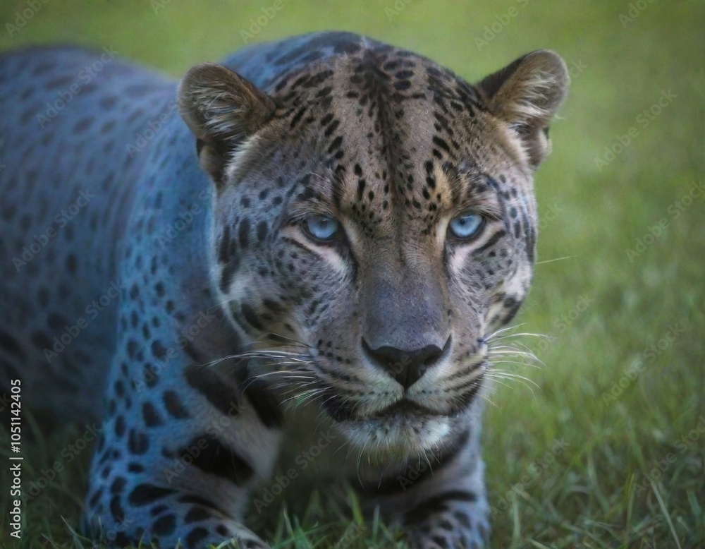 Fototapeta premium blue jaguar with blue eyes is in the grass.