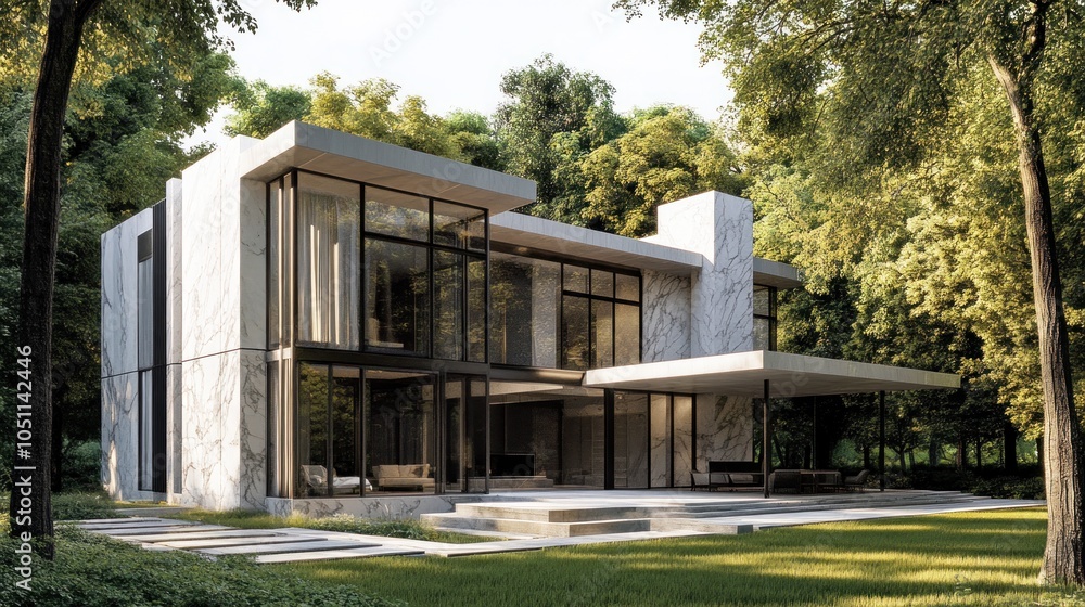 Contemporary house with large glass windows and white marble walls, AI generated image Contemporary house with large glass windows and white marble walls, AI generated image