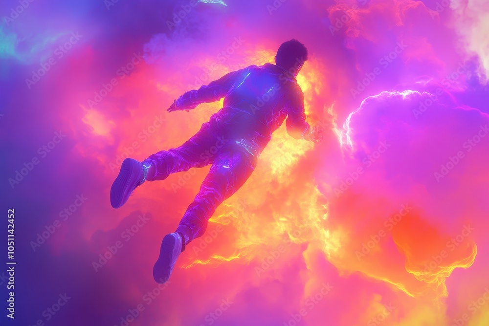 Naklejka premium A man is flying through a colorful sky