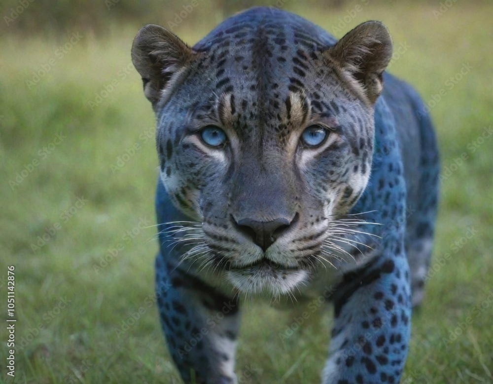 Naklejka premium blue jaguar with blue eyes is in the grass.