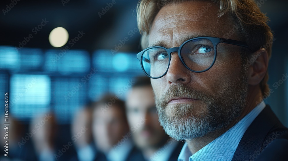 Close-up of a man in glasses, looking intently, with blurred background of other people Close-up of a man in glasses, looking intently, with blurred background of other people