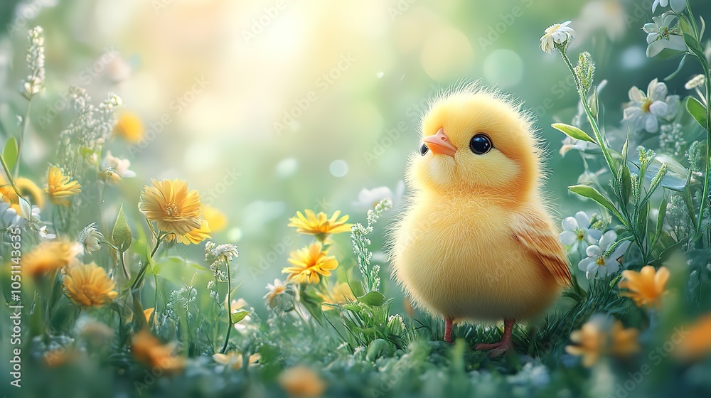 fluffy yellow chick stands in green meadow with flowers, offering cheerful and funny Easter card or banner with cute bird character.stock photo fluffy yellow chick stands in green meadow with flowers, offering cheerful and funny Easter card or banner with cute bird character.stock photo