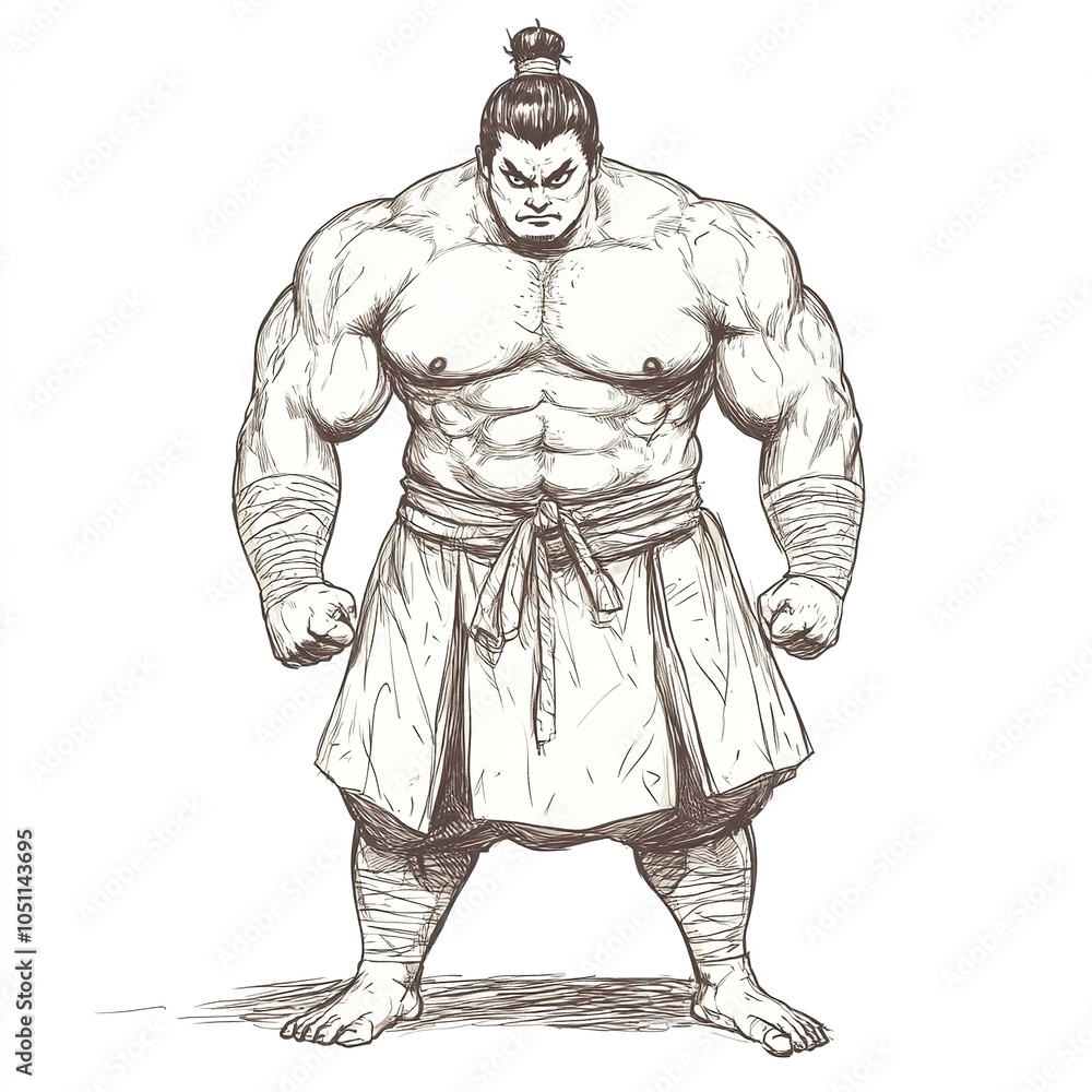 A hand-drawn illustration of a powerful, muscular Japanese warrior A hand-drawn illustration of a powerful, muscular Japanese warrior