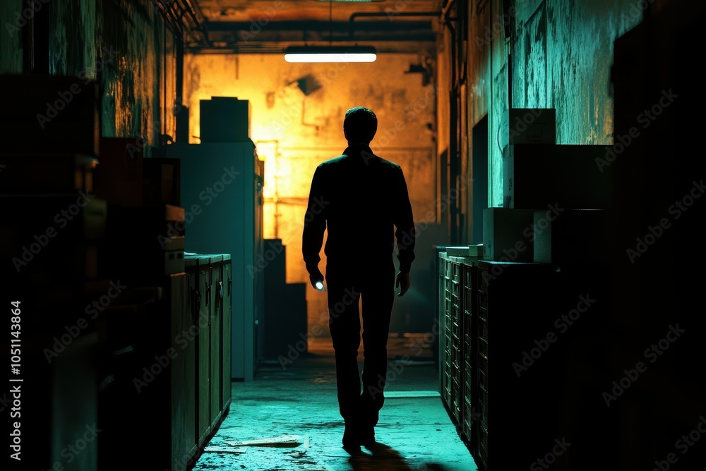 A man is walking down a dark hallway with a flashlight A man is walking down a dark hallway with a flashlight