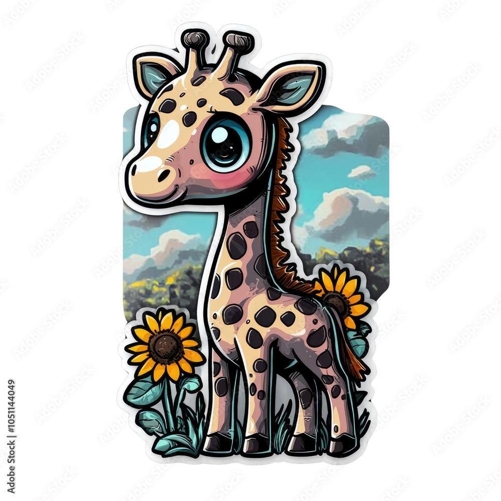 Fototapeta premium Cute Cartoon Giraffe with Big Eyes in a Field of Sunflowers