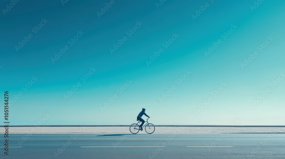 Fototapeta premium Cyclist riding on a clear road under a blue sky, minimalist and serene atmosphere.