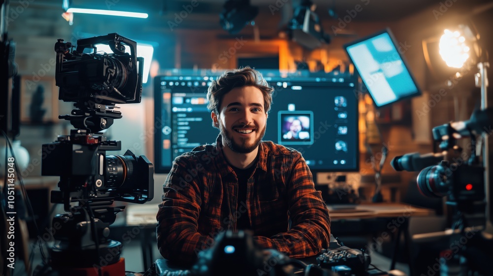 Male vlogger recording in creative media studio with screens. Male vlogger in a plaid shirt smiles while recording content in a creative studio filled with camera gear, lighting, and digital screens. Male vlogger recording in creative media studio with screens. Male vlogger in a plaid shirt smiles while recording content in a creative studio filled with camera gear, lighting, and digital screens.